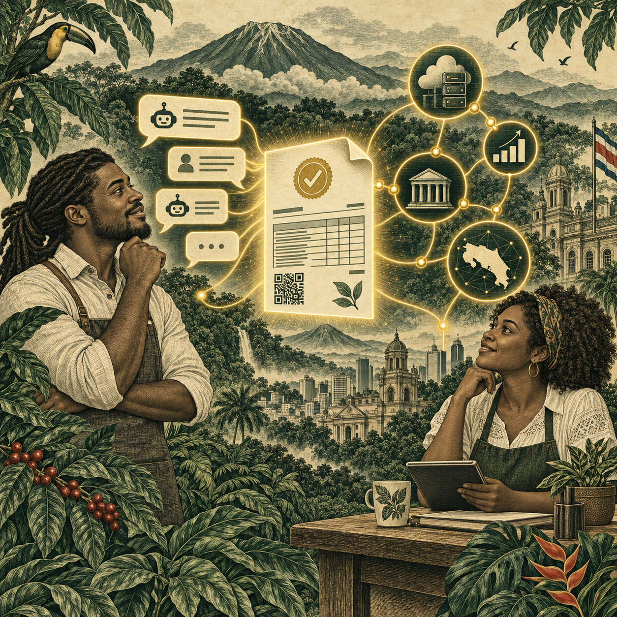 Dos personas afrodescendientes conectadas a una factura electrónica por conversación